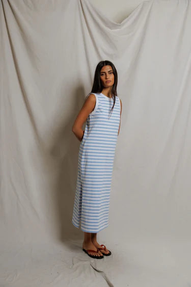Perfect White Tee Lanell Stripe- Supima Cotton Sleeveless Dress - Pacific stripe