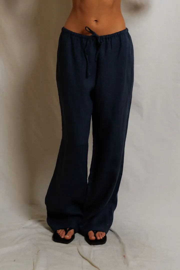 Perfect White Lorana Linen Drawstring Pants- Navy