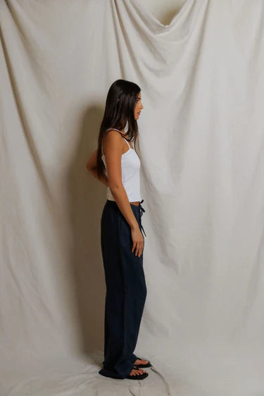 Perfect White Lorana Linen Drawstring Pants- Navy