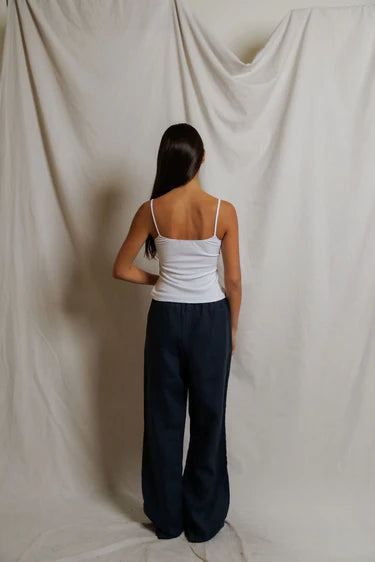 Perfect White Lorana Linen Drawstring Pants- Navy