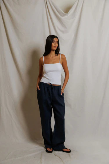 Perfect White Lorana Linen Drawstring Pants- Navy