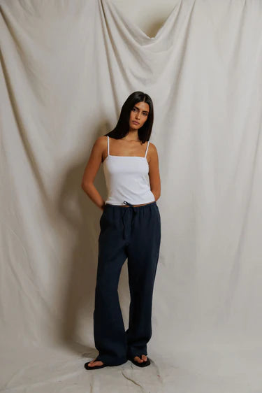 Perfect White Lorana Linen Drawstring Pants- Navy