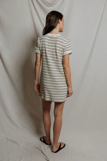 Perfect White Tee Nella - Loop terry short sleeve stripe dress- Natural chocolate stripe