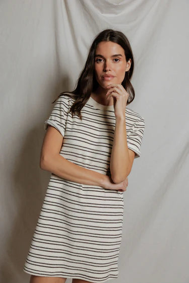 Perfect White Tee Nella - Loop terry short sleeve stripe dress- Natural chocolate stripe