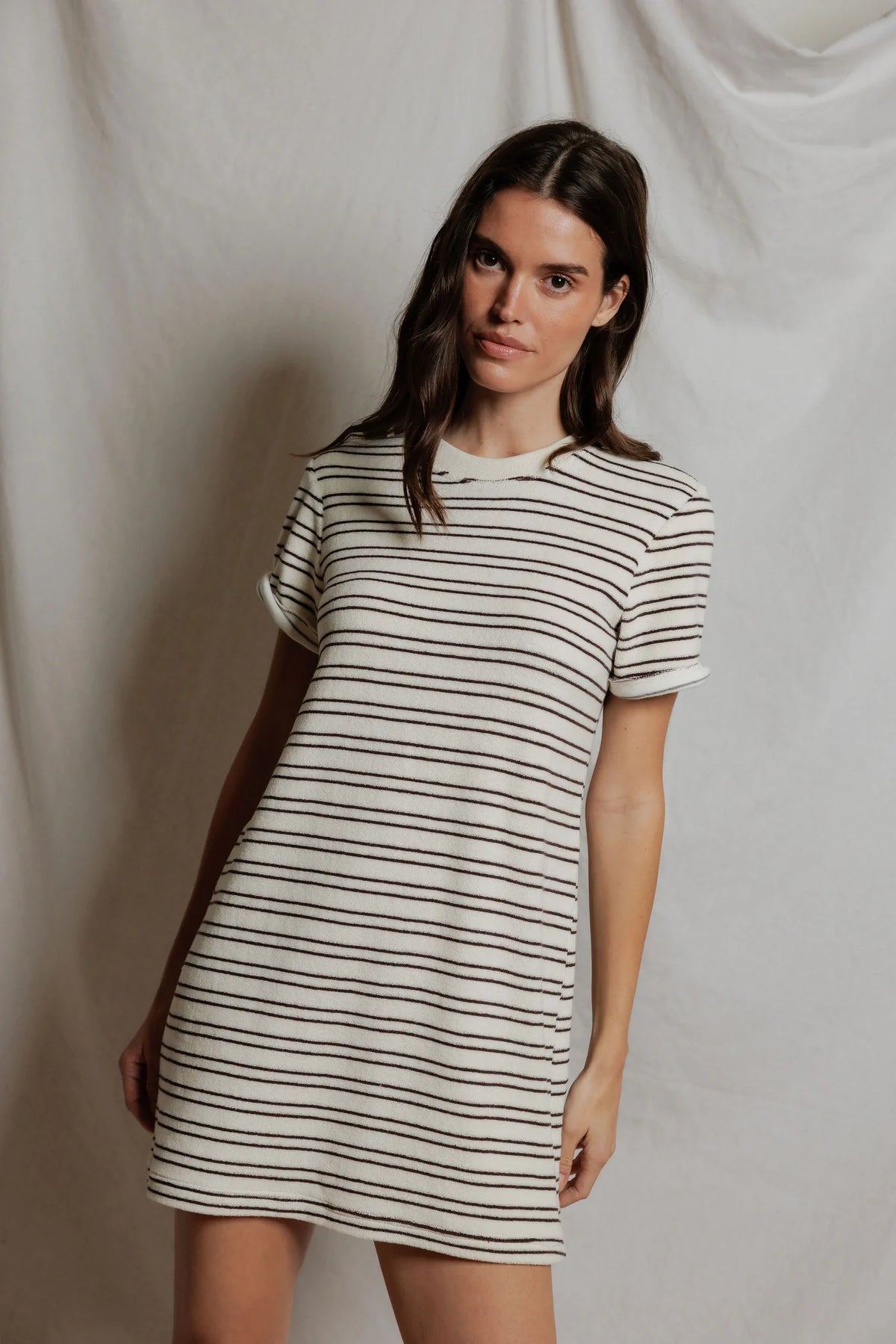 Perfect White Tee Nella - Loop terry short sleeve stripe dress- Natural chocolate stripe