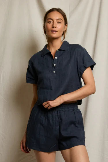 Perfect White Tee Tabitha Linen Collared Cropped Polo Tee - Navy