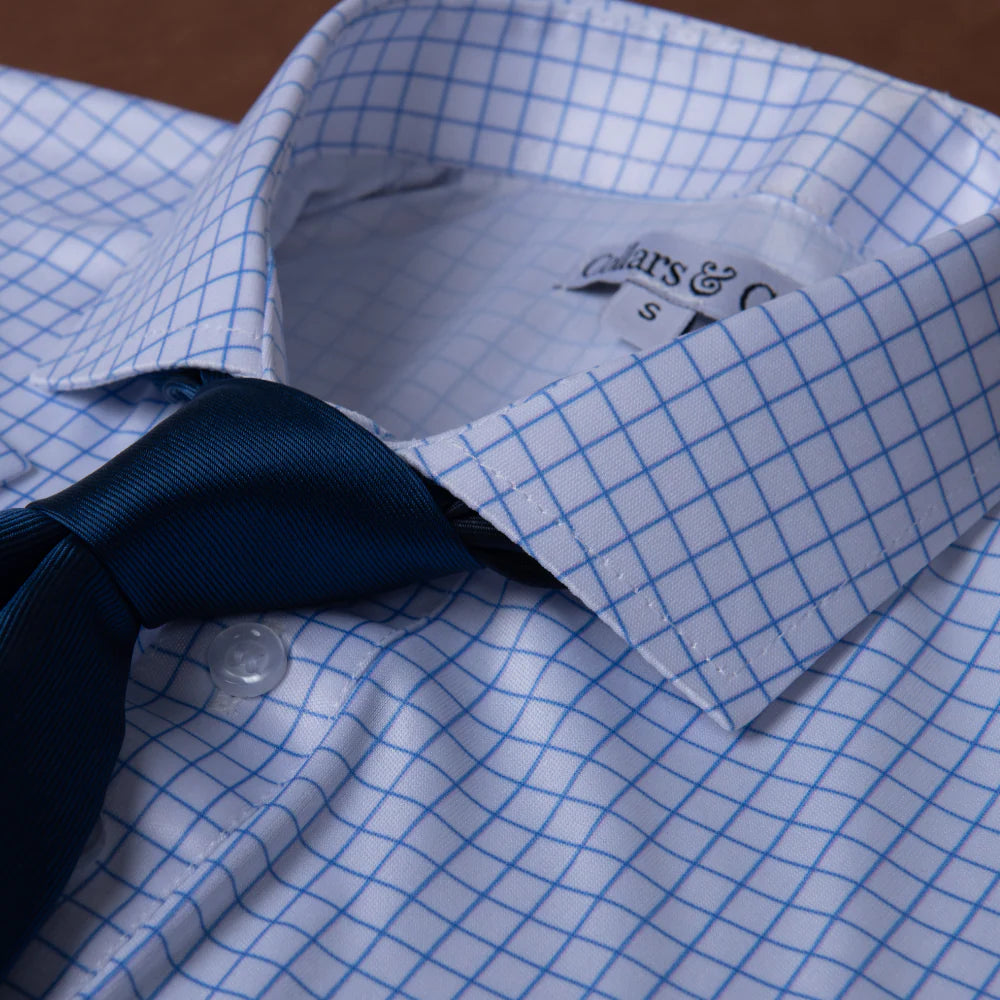 Collars & Co. Semi-Spread Collar Polo- Thin Blue Check